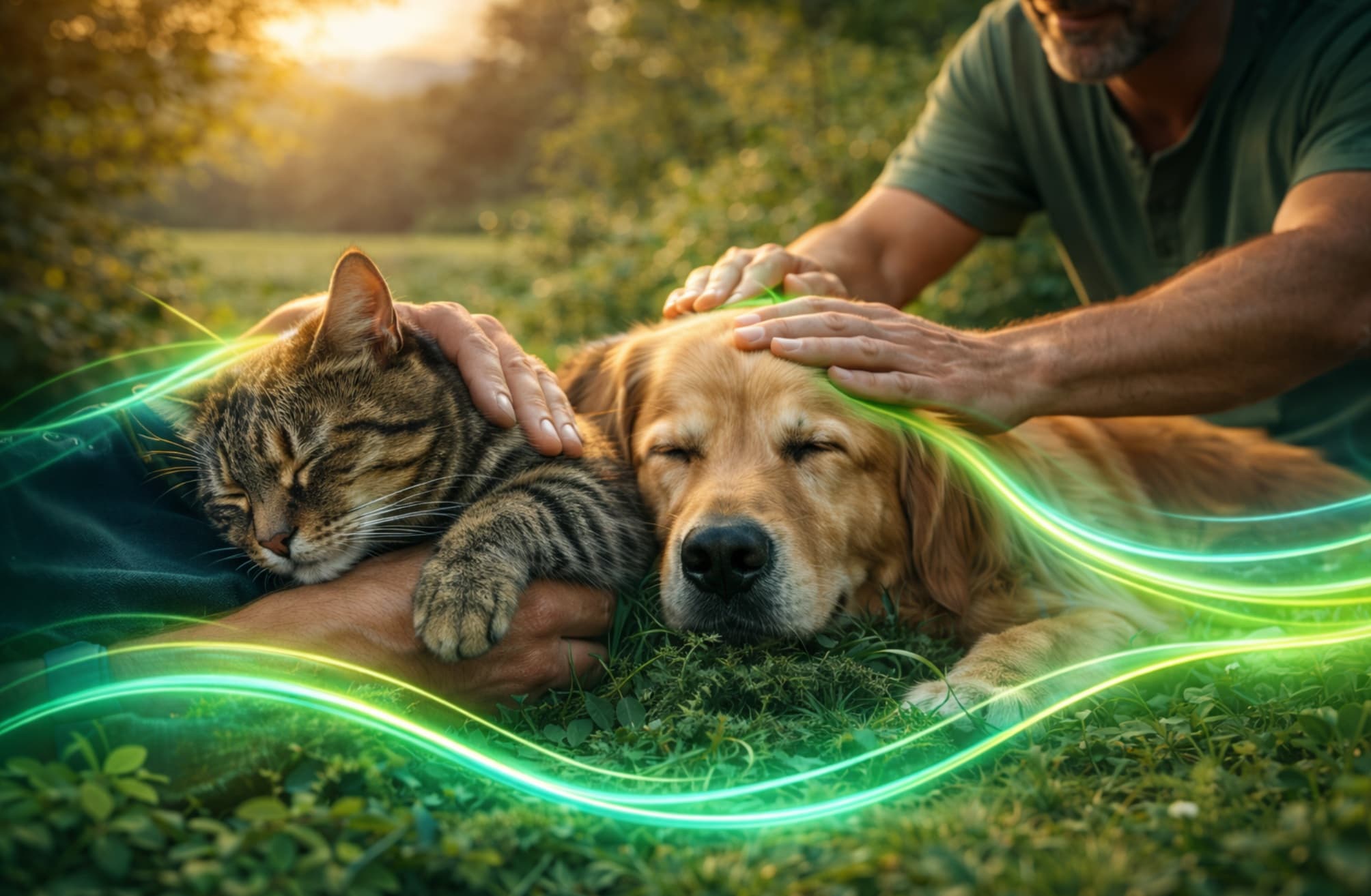 Operatore Reiki durante sessione energetica con cane rilassato