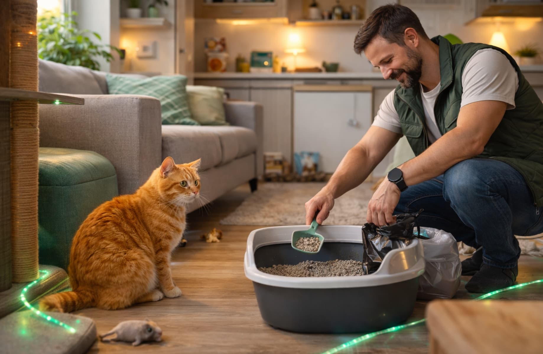 Cat sitter che gioca con un gatto in appartamento a Como
