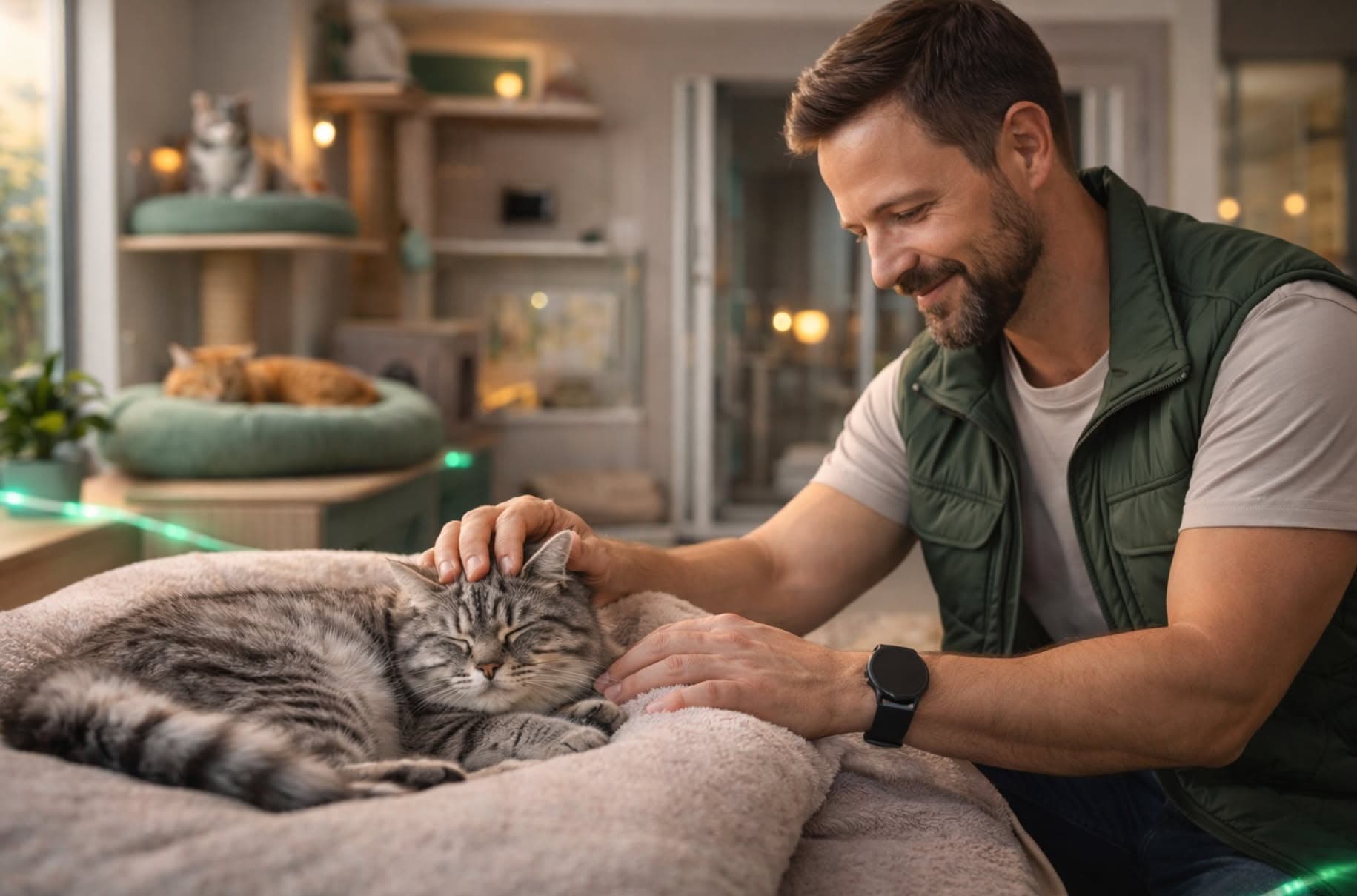 Cat sitter che gioca felicemente con un gatto a domicilio in Umbria